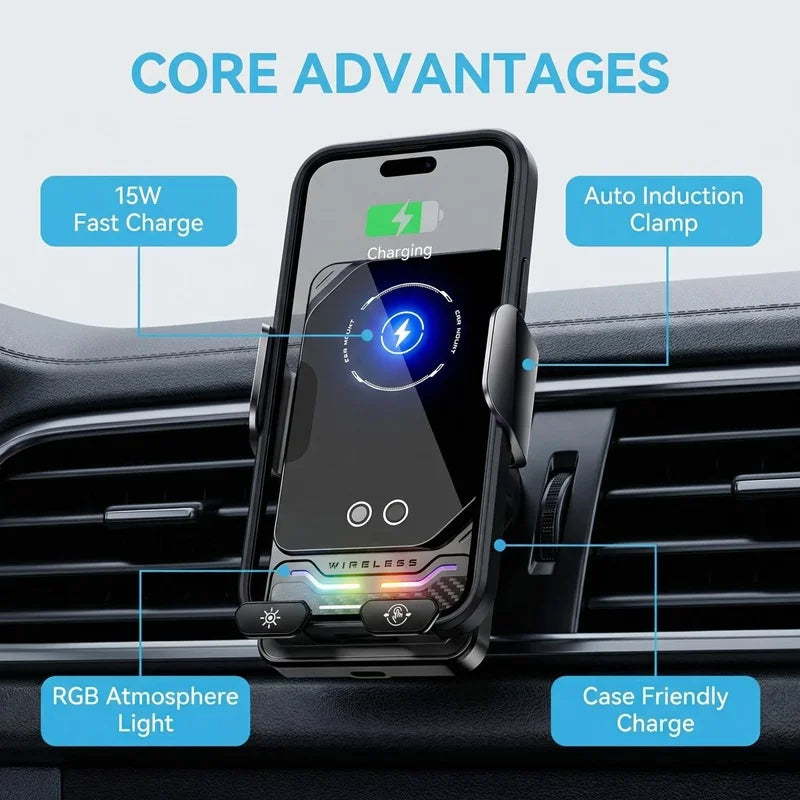 15W Universal Car Phone Wireless Charger Holder Auto-sensing RGB Light Mount for Samsung S26 Iphone 17 16 15 14 13 12 11 Pro Max