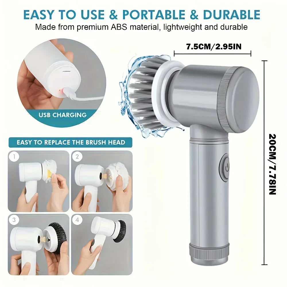 Grey Electric Spin Scrubber. Cordless Cleaning. Brush Power Scrubber. 5 replaceable Brush Heads.