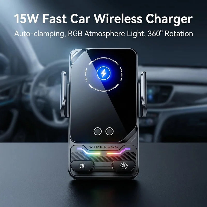 15W Universal Car Phone Wireless Charger Holder Auto-sensing RGB Light Mount for Samsung S26 Iphone 17 16 15 14 13 12 11 Pro Max