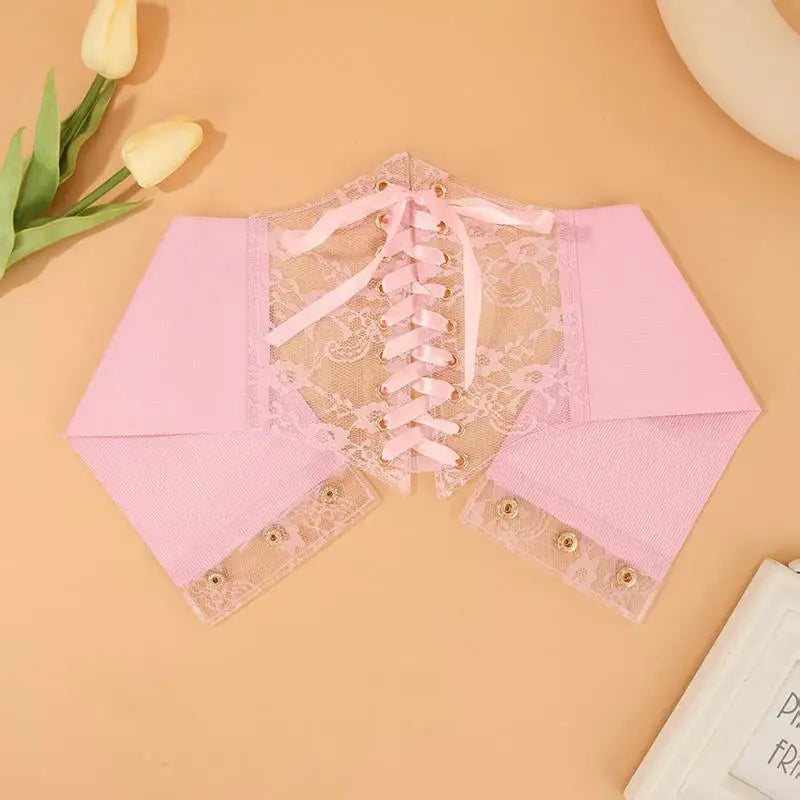 Multi-Color. Women Fashion Waist Corset. Flower Embroidery Elastic Waistband. Wide Lace. Body Slimming