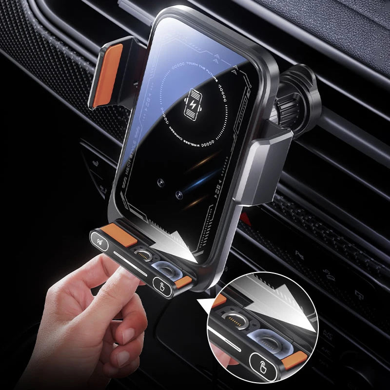 15W Wireless Fast Charging Car Charger. with Infrared Sensor. Auto open/close Clamping Vent Mount. One-Touch Rotation.