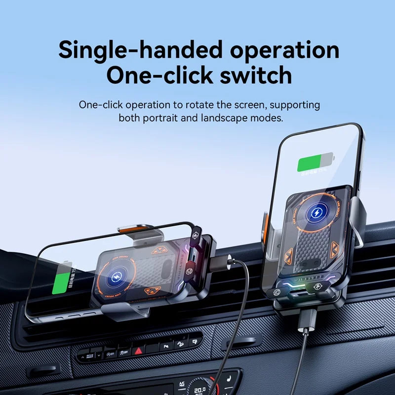 15W Universal Car Wireless Charger Stand Auto Touch to 90 Degree Rotating Ambient Light Mount for iPhone 17 16 Samsung S26 Cars