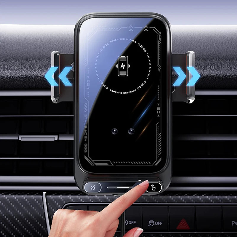15W Wireless Fast Charging Car Charger. with Infrared Sensor. Auto open/close Clamping Vent Mount. One-Touch Rotation.