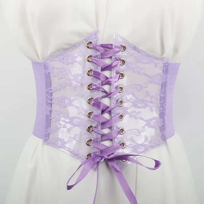 Multi-Color. Women Fashion Waist Corset. Flower Embroidery Elastic Waistband. Wide Lace. Body Slimming