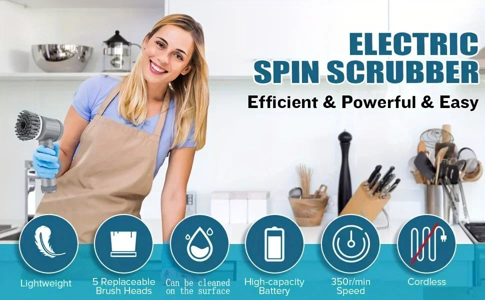 Grey Electric Spin Scrubber. Cordless Cleaning. Brush Power Scrubber. 5 replaceable Brush Heads.