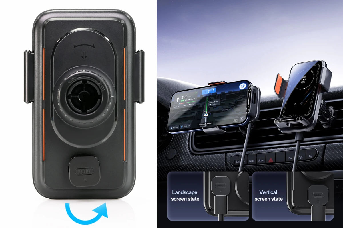 Car Phone Charger. Phone Holder. 15W Wireless & Wired Charger. Auto Sensing One-Touch Release and Rotation. Black.