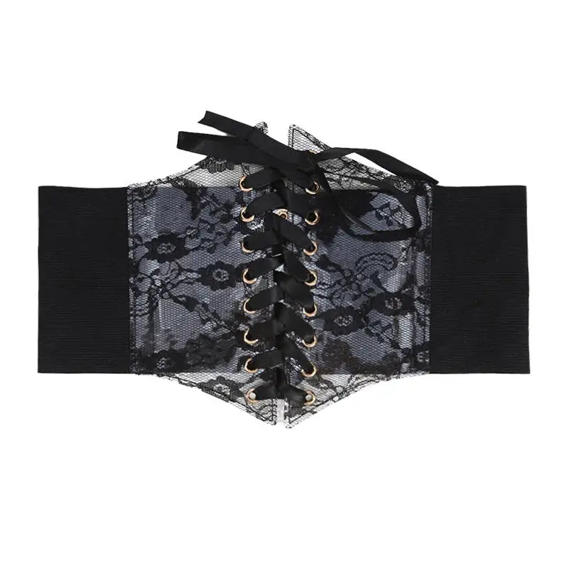 Multi-Color. Women Fashion Waist Corset. Flower Embroidery Elastic Waistband. Wide Lace. Body Slimming
