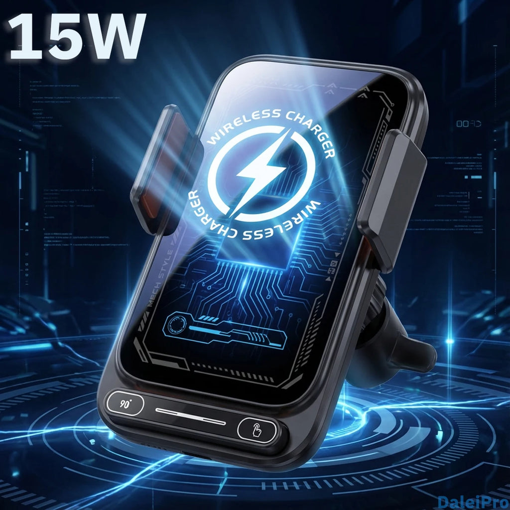 15W Smart Sensing Wireless Car Charging Phone Holder. Motorized Rotation One-Touch Release & Clamping. Rotatable Cable Port