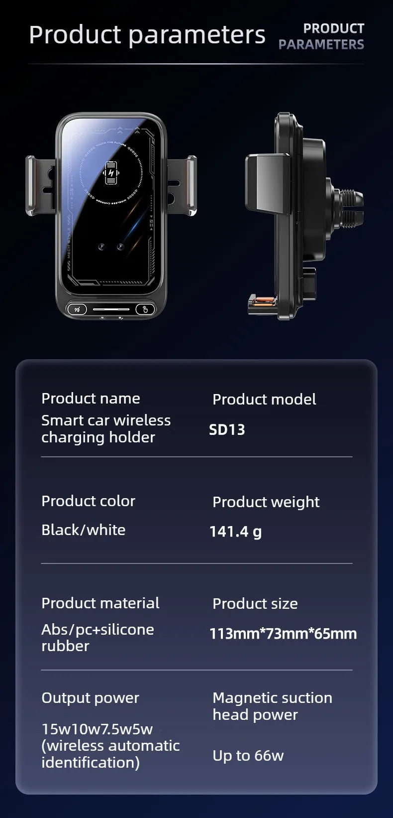 15W Wireless. Car Phone Holder. Auto Sensing One Touch Release.
