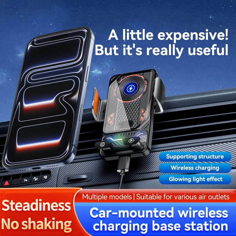 15W Universal Car Wireless Charger Stand Auto Touch to 90 Degree Rotating Ambient Light Mount for iPhone 17 16 Samsung S26 Cars