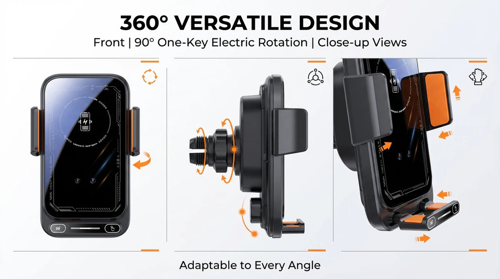 Car Phone Charger. Phone Holder. 15W Wireless & Wired Charger. Auto Sensing One-Touch Release and Rotation. Black.