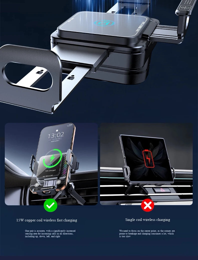 New Mini Foldable Car Phone Wireless Charging Stand. Dual Screen 90-Degree Rotation. Auto Landscape for Vehicles