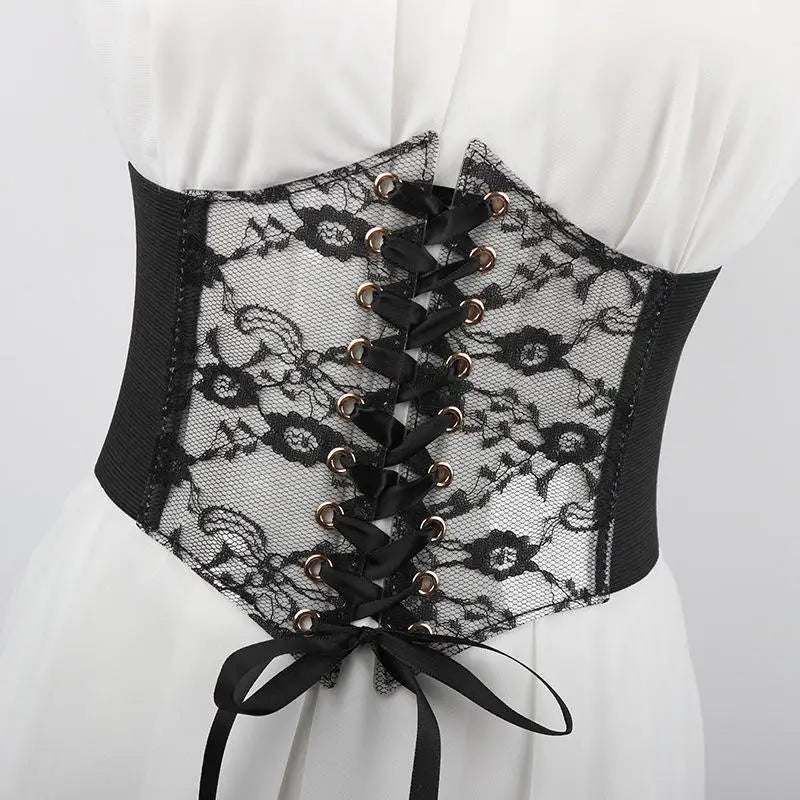 Multi-Color. Women Fashion Waist Corset. Flower Embroidery Elastic Waistband. Wide Lace. Body Slimming