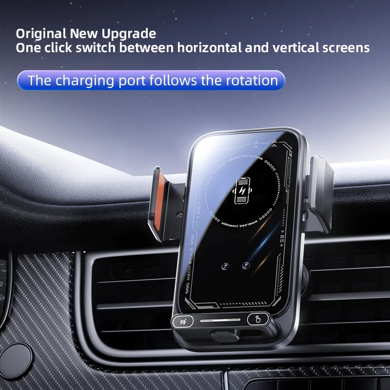 15W Wireless Fast Charging Car Charger. with Infrared Sensor. Auto open/close Clamping Vent Mount. One-Touch Rotation.