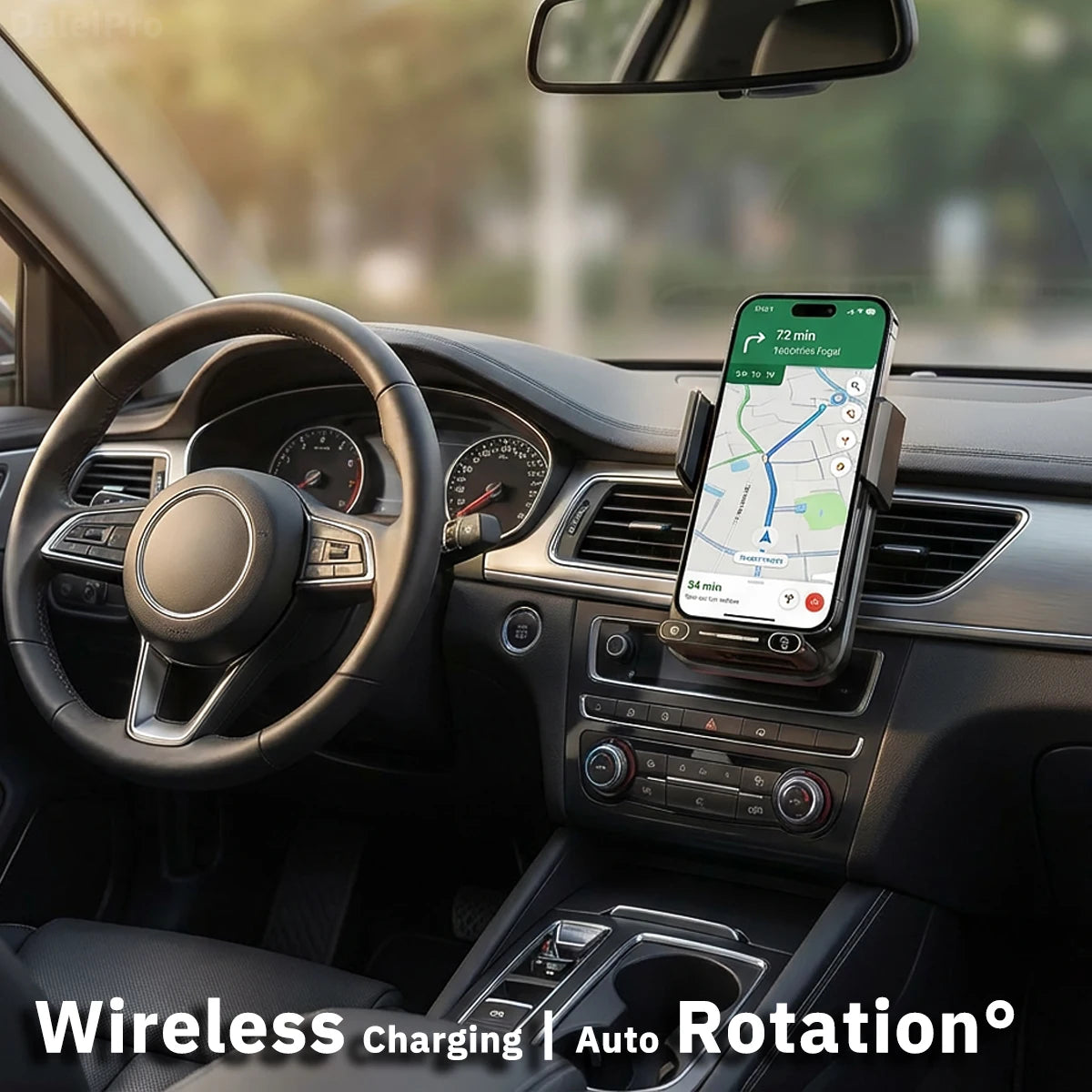 Car Phone Charger. Phone Holder. 15W Wireless & Wired Charger. Auto Sensing One-Touch Release and Rotation. Black.