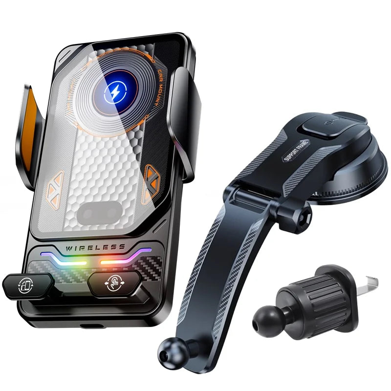 15W Universal Car Wireless Charger Stand Auto Touch to 90 Degree Rotating Ambient Light Mount for iPhone 17 16 Samsung S26 Cars