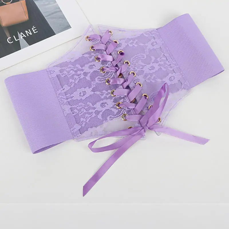 Multi-Color. Women Fashion Waist Corset. Flower Embroidery Elastic Waistband. Wide Lace. Body Slimming