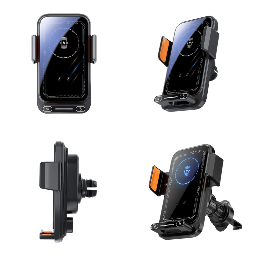 Smart Sensing Car Phone Holder 15W Qi Wireless Charging Motorized Rotation One-Touch Release & Clamping Rotatable Cable Port