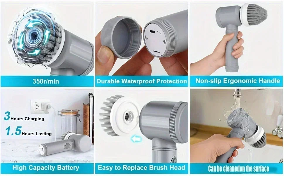 Grey Electric Spin Scrubber. Cordless Cleaning. Brush Power Scrubber. 5 replaceable Brush Heads.