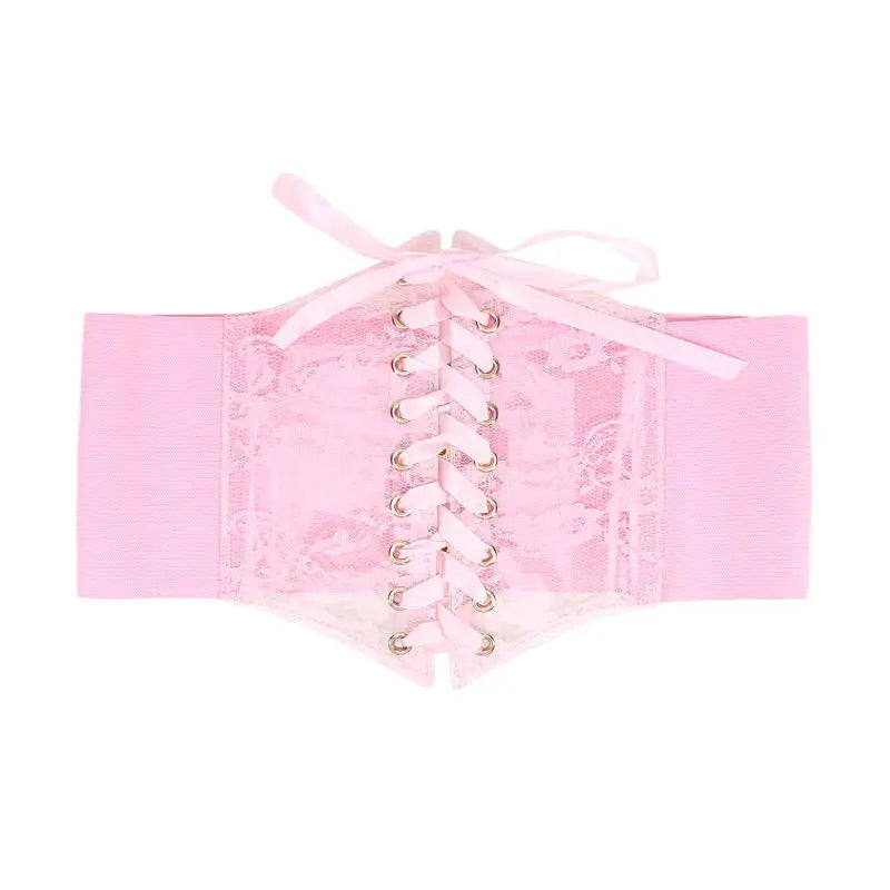 Multi-Color. Women Fashion Waist Corset. Flower Embroidery Elastic Waistband. Wide Lace. Body Slimming