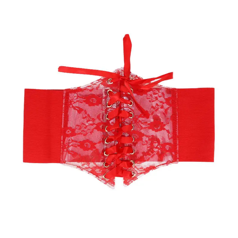 Multi-Color. Women Fashion Waist Corset. Flower Embroidery Elastic Waistband. Wide Lace. Body Slimming