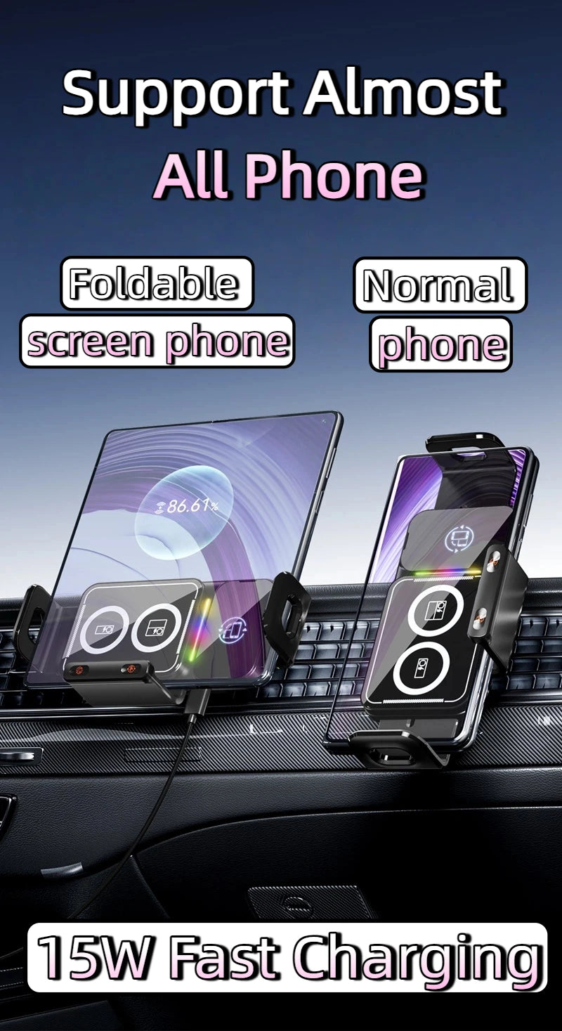 15W Universal Car Phone Wireless Charger & Holder. For Samsung Galaxy & Iphone.
