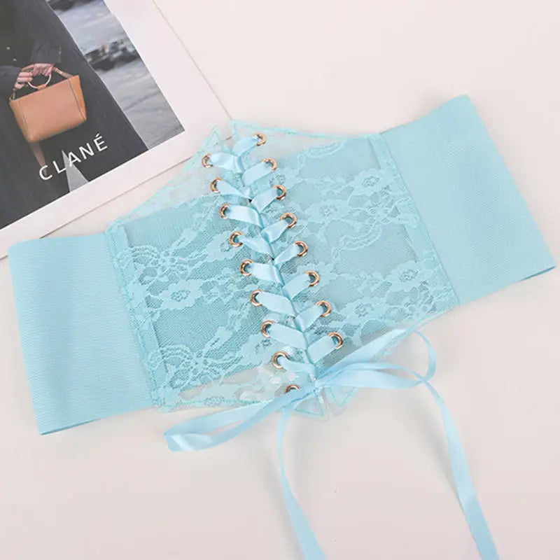 Multi-Color. Women Fashion Waist Corset. Flower Embroidery Elastic Waistband. Wide Lace. Body Slimming
