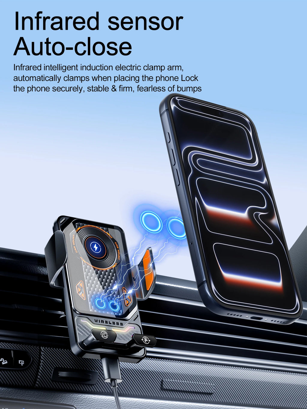 Car Unicersal Air Vent Electric Rotating Opening Closing Phone Holder 15W Wireless Charger Dual Coil Smart Phones Fast Charging