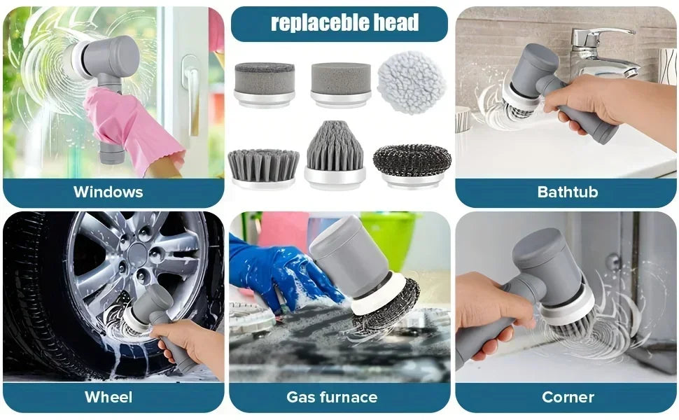 Grey Electric Spin Scrubber. Cordless Cleaning. Brush Power Scrubber. 5 replaceable Brush Heads.