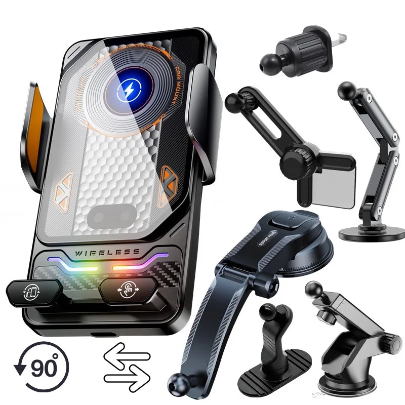 15W Universal Car Wireless Charger Stand Auto Touch to 90 Degree Rotating Ambient Light Mount for iPhone 17 16 Samsung S26 Cars