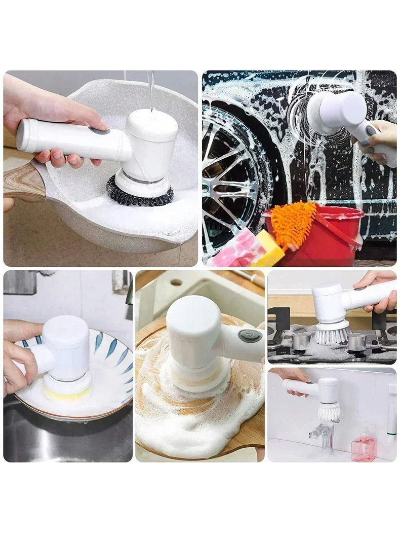 White Electric Spin Scrubber. Electric Cleaning Brush. 5 replaceable Heads.