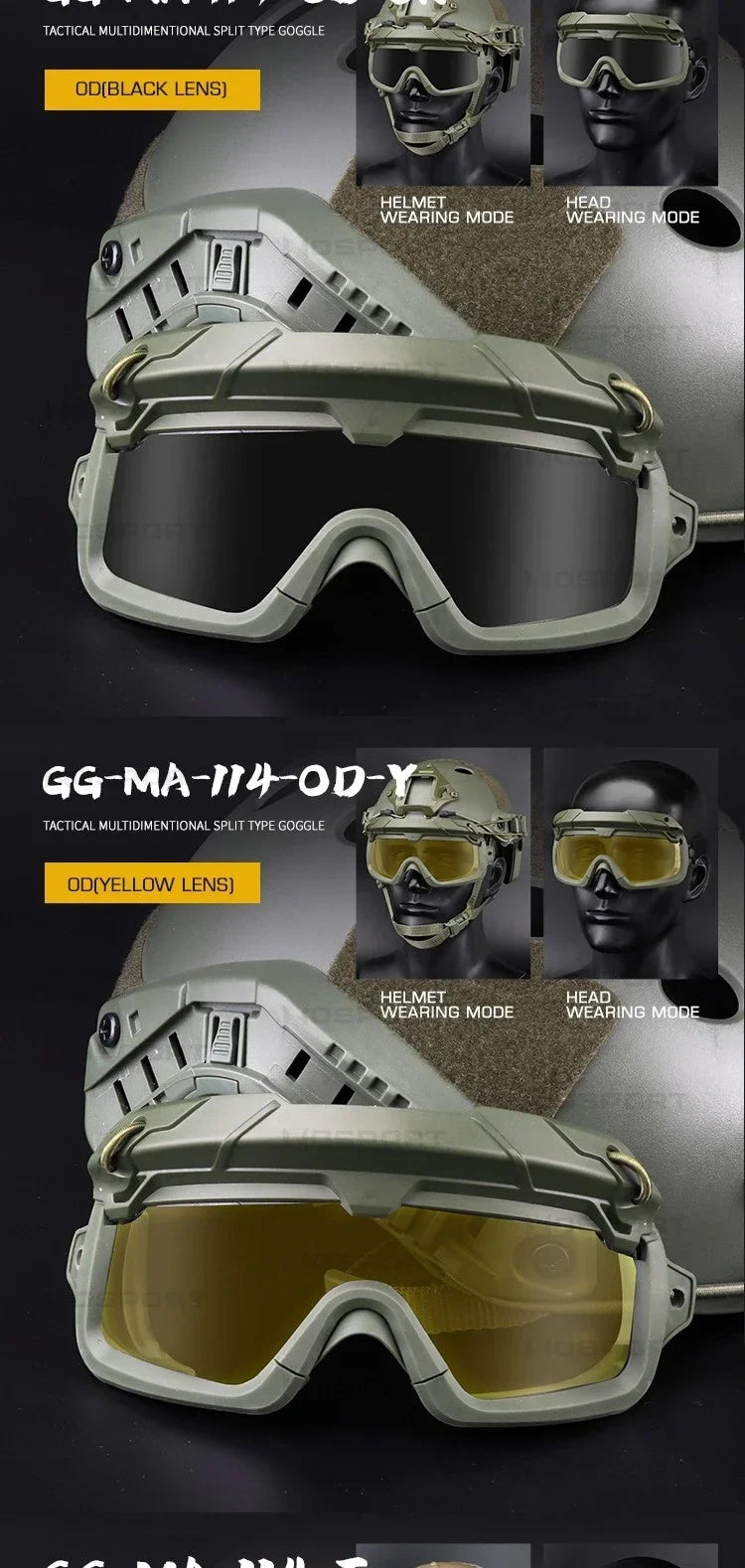 Multi-Color Sports Tactical Helmet Goggles.  Sunglasses for Men/Women. Two Modes Airsoft Riding Eyewear, Hiking, Paintball, Hunting, Etc