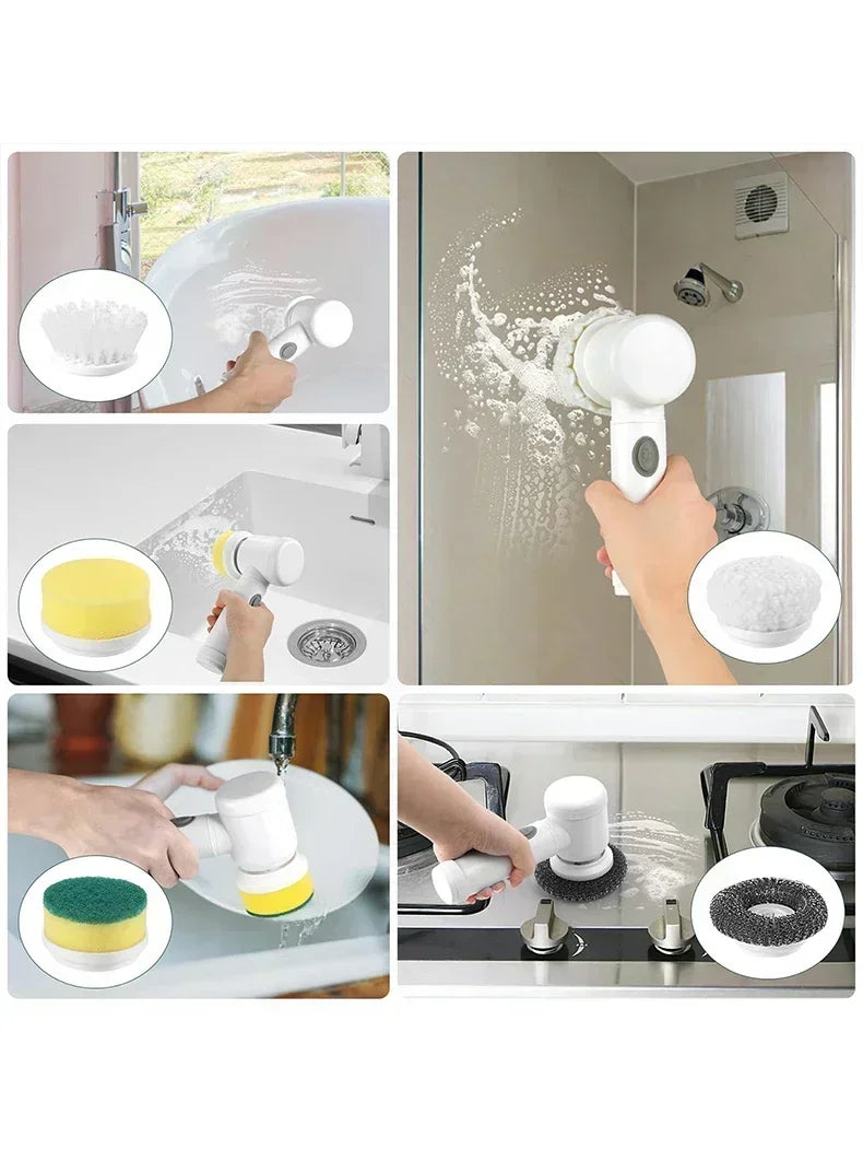 White Electric Spin Scrubber. Electric Cleaning Brush. 5 replaceable Heads.