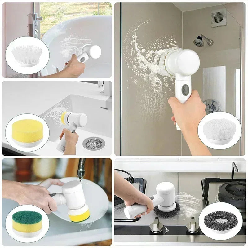 White Electric Spin Scrubber. Electric Cleaning Brush. 5 replaceable Heads.