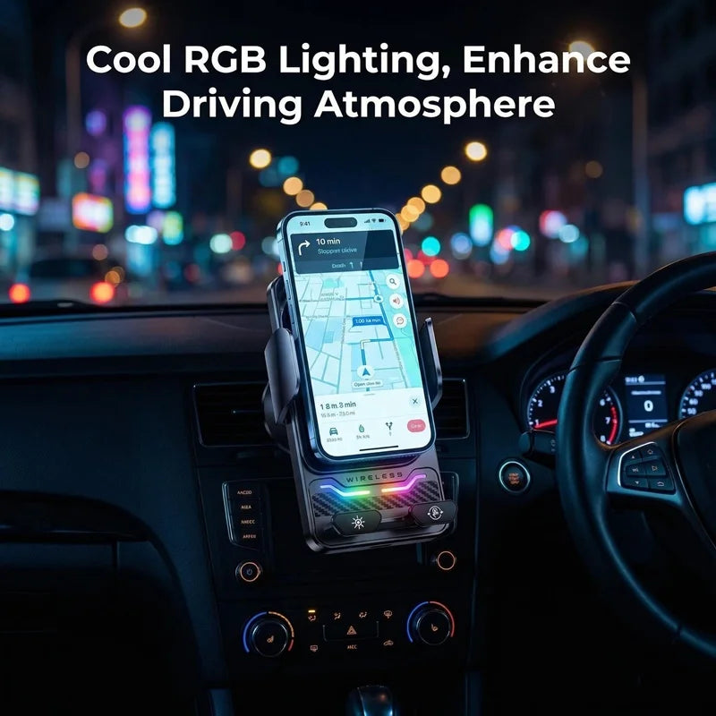 15W Universal Car Phone Wireless Charger Holder Auto-sensing RGB Light Mount for Samsung S26 Iphone 17 16 15 14 13 12 11 Pro Max