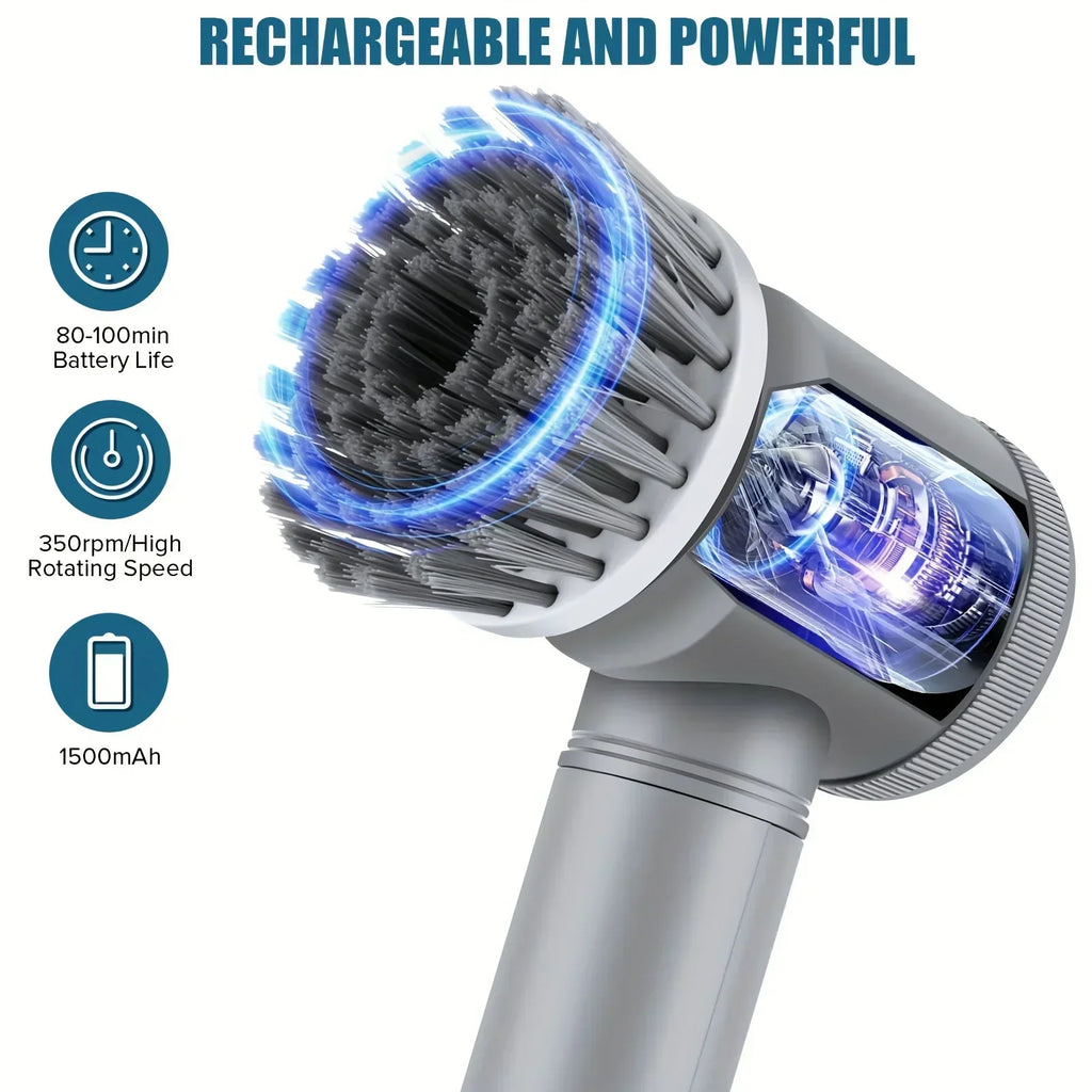 Grey Electric Spin Scrubber. Cordless Cleaning. Brush Power Scrubber. 5 replaceable Brush Heads.