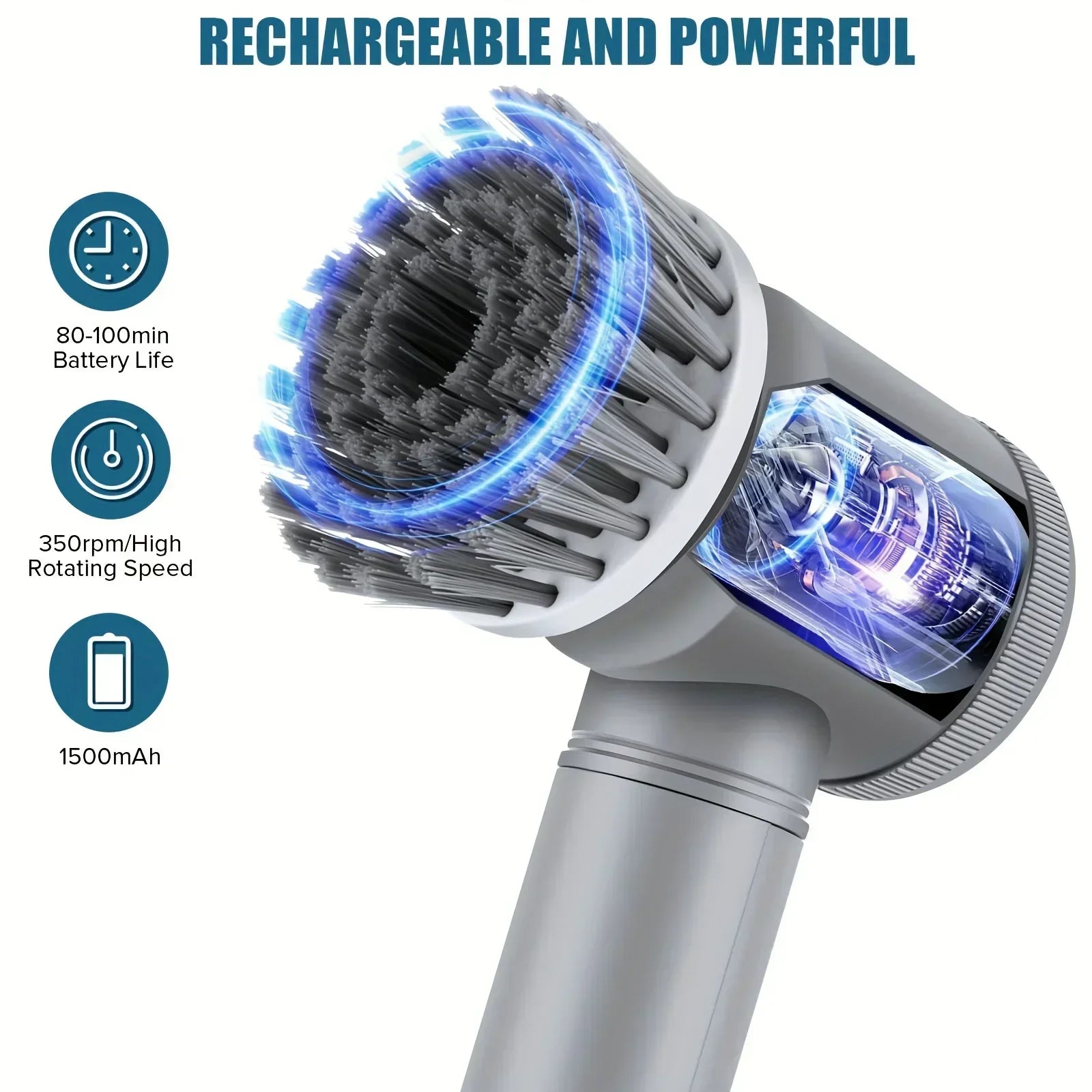 Grey Electric Spin Scrubber. Cordless Cleaning. Brush Power Scrubber. 5 replaceable Brush Heads.