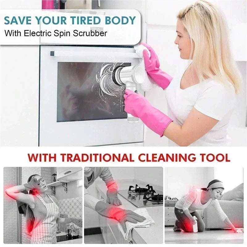 White Electric Spin Scrubber. Electric Cleaning Brush. 5 replaceable Heads.