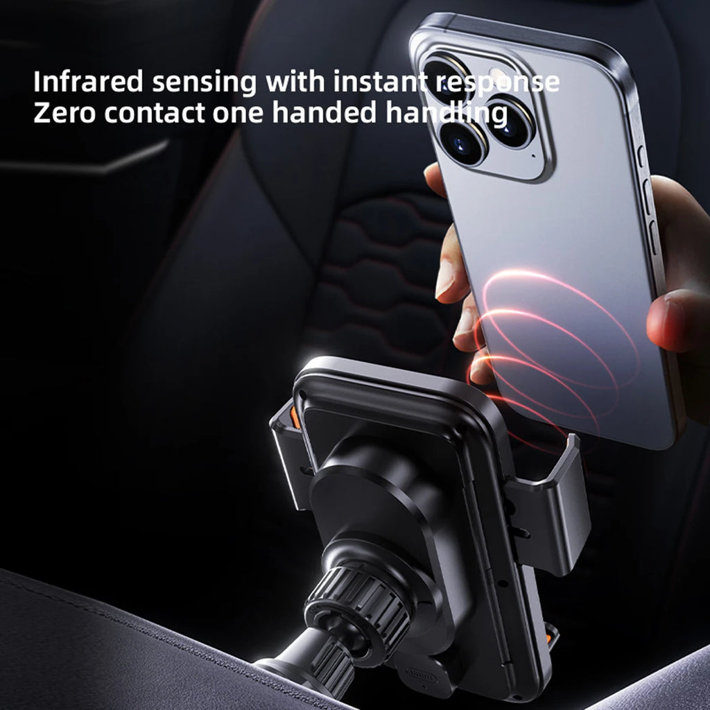 15W Smart Sensing Wireless Car Charging Phone Holder. Motorized Rotation One-Touch Release & Clamping. Rotatable Cable Port