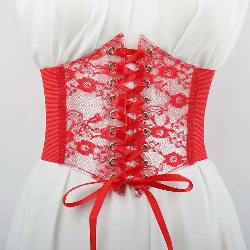 Multi-Color. Women Fashion Waist Corset. Flower Embroidery Elastic Waistband. Wide Lace. Body Slimming