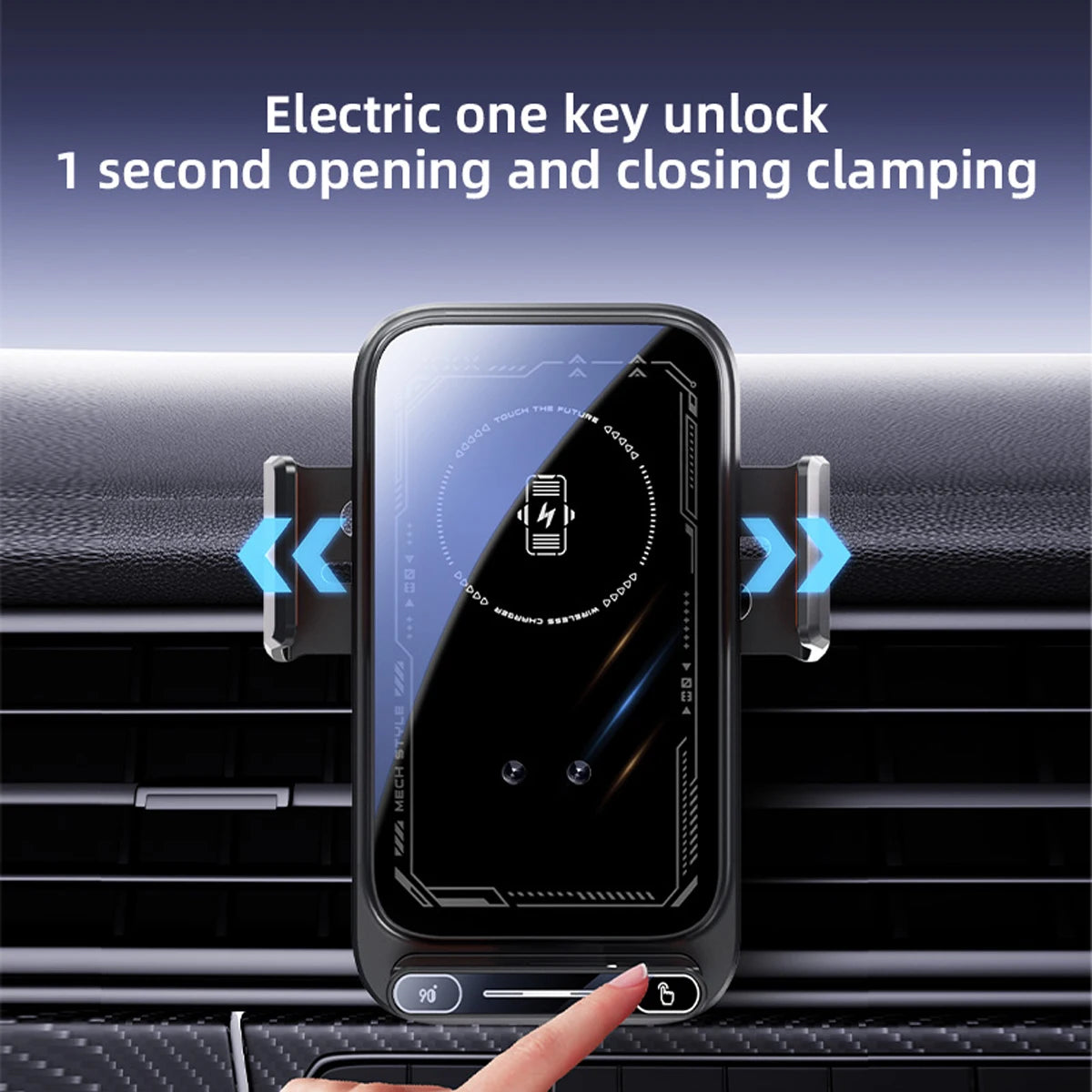 15W Smart Sensing Wireless Car Charging Phone Holder. Motorized Rotation One-Touch Release & Clamping. Rotatable Cable Port