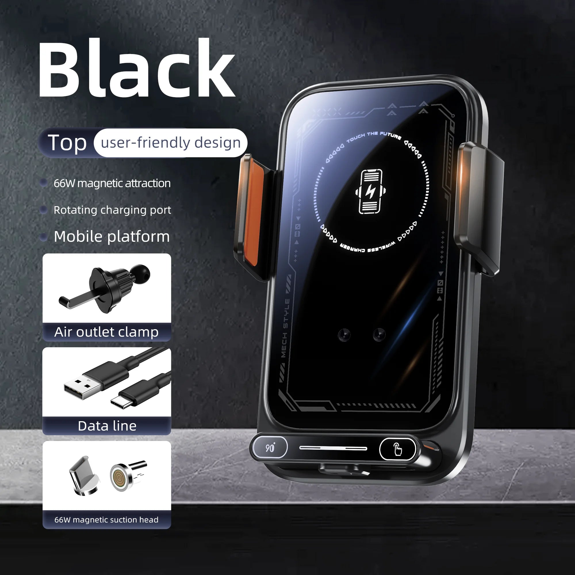 15W Wireless Fast Charging Car Charger. with Infrared Sensor. Auto open/close Clamping Vent Mount. One-Touch Rotation.
