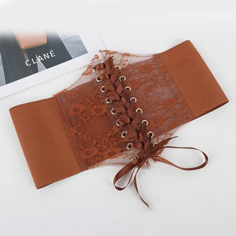 Multi-Color. Women Fashion Waist Corset. Flower Embroidery Elastic Waistband. Wide Lace. Body Slimming