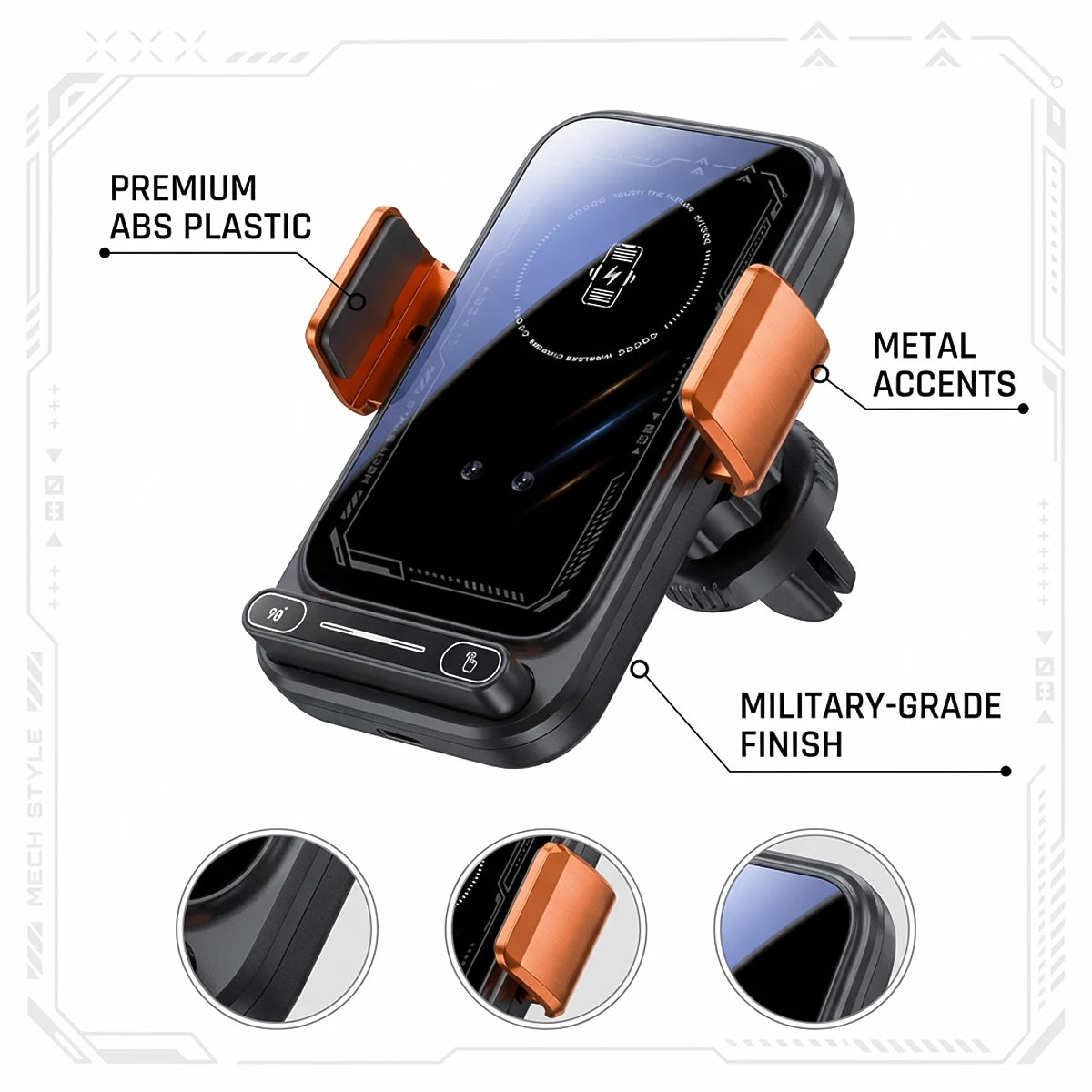 15W Smart Sensing Wireless Car Charging Phone Holder. Motorized Rotation One-Touch Release & Clamping. Rotatable Cable Port