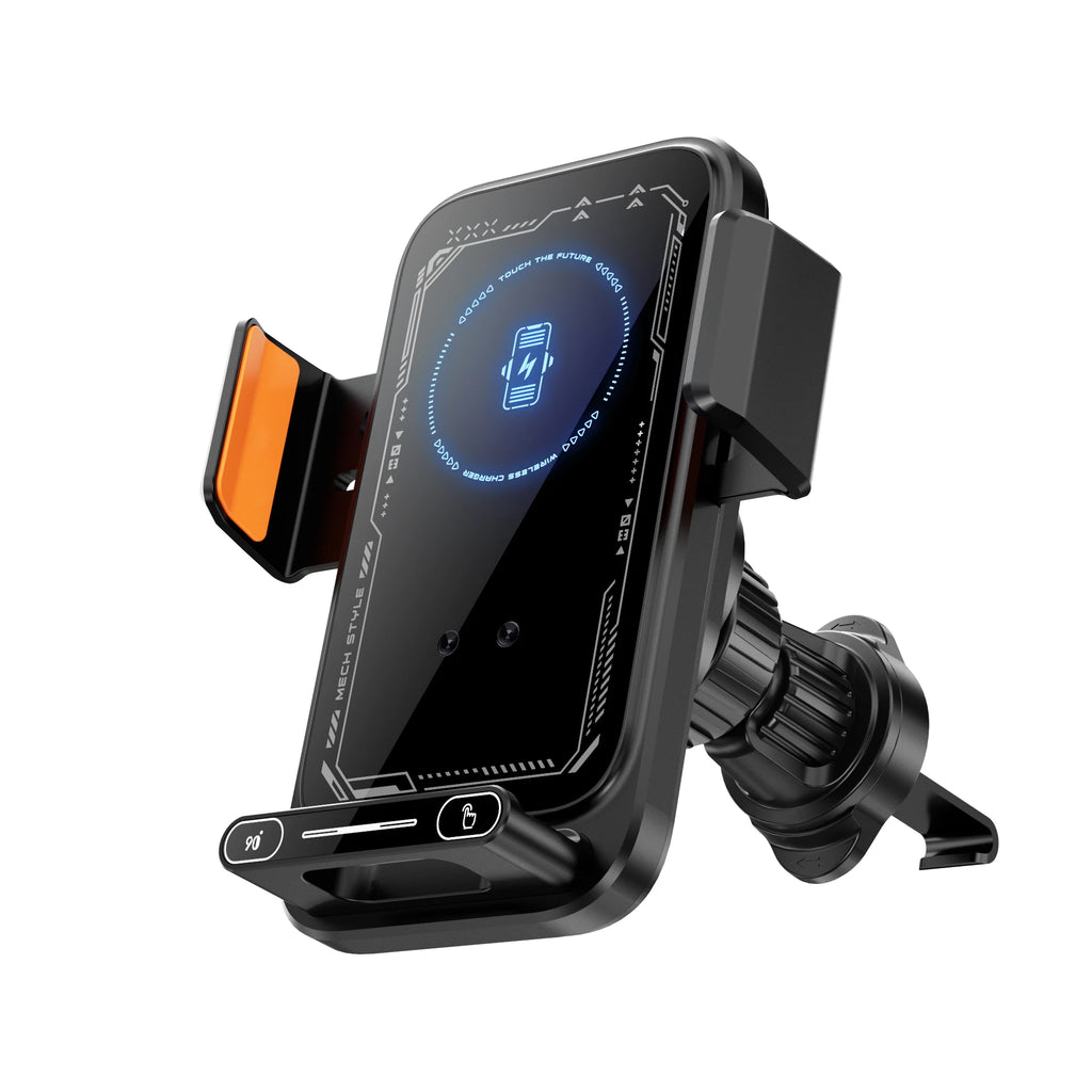 Smart Sensing Car Phone Holder 15W Qi Wireless Charging Motorized Rotation One-Touch Release & Clamping Rotatable Cable Port