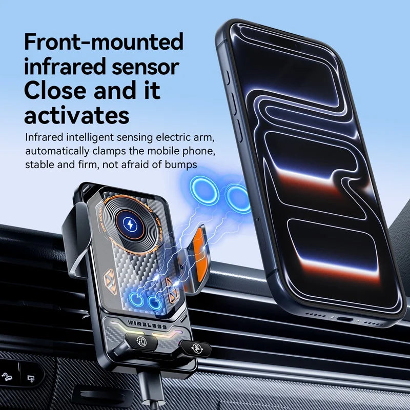 15W Universal Car Wireless Charger Stand Auto Touch to 90 Degree Rotating Ambient Light Mount for iPhone 17 16 Samsung S26 Cars
