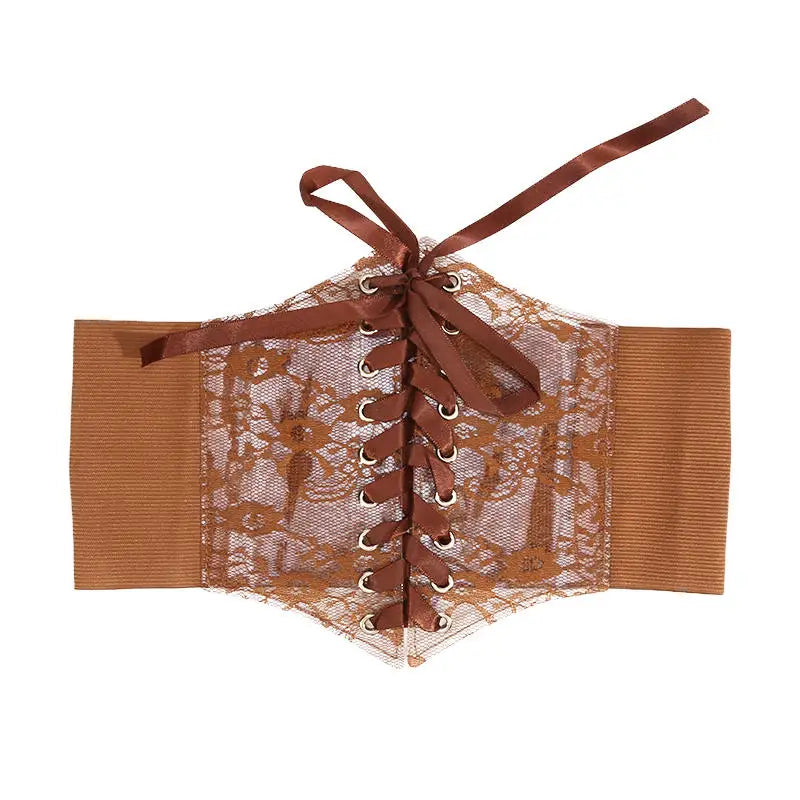 Multi-Color. Women Fashion Waist Corset. Flower Embroidery Elastic Waistband. Wide Lace. Body Slimming
