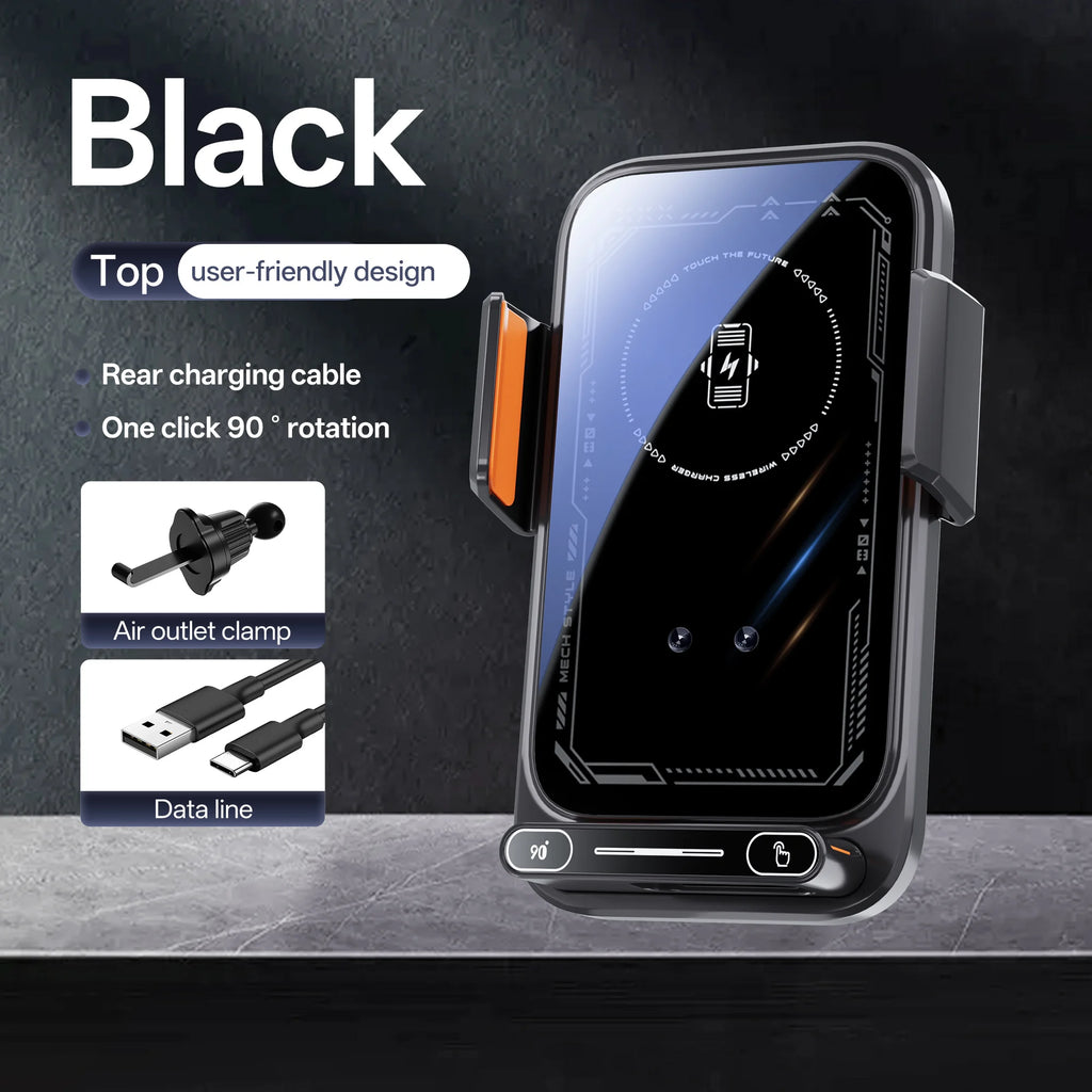 15W Smart Sensing Wireless Car Charging Phone Holder. Motorized Rotation One-Touch Release & Clamping. Rotatable Cable Port