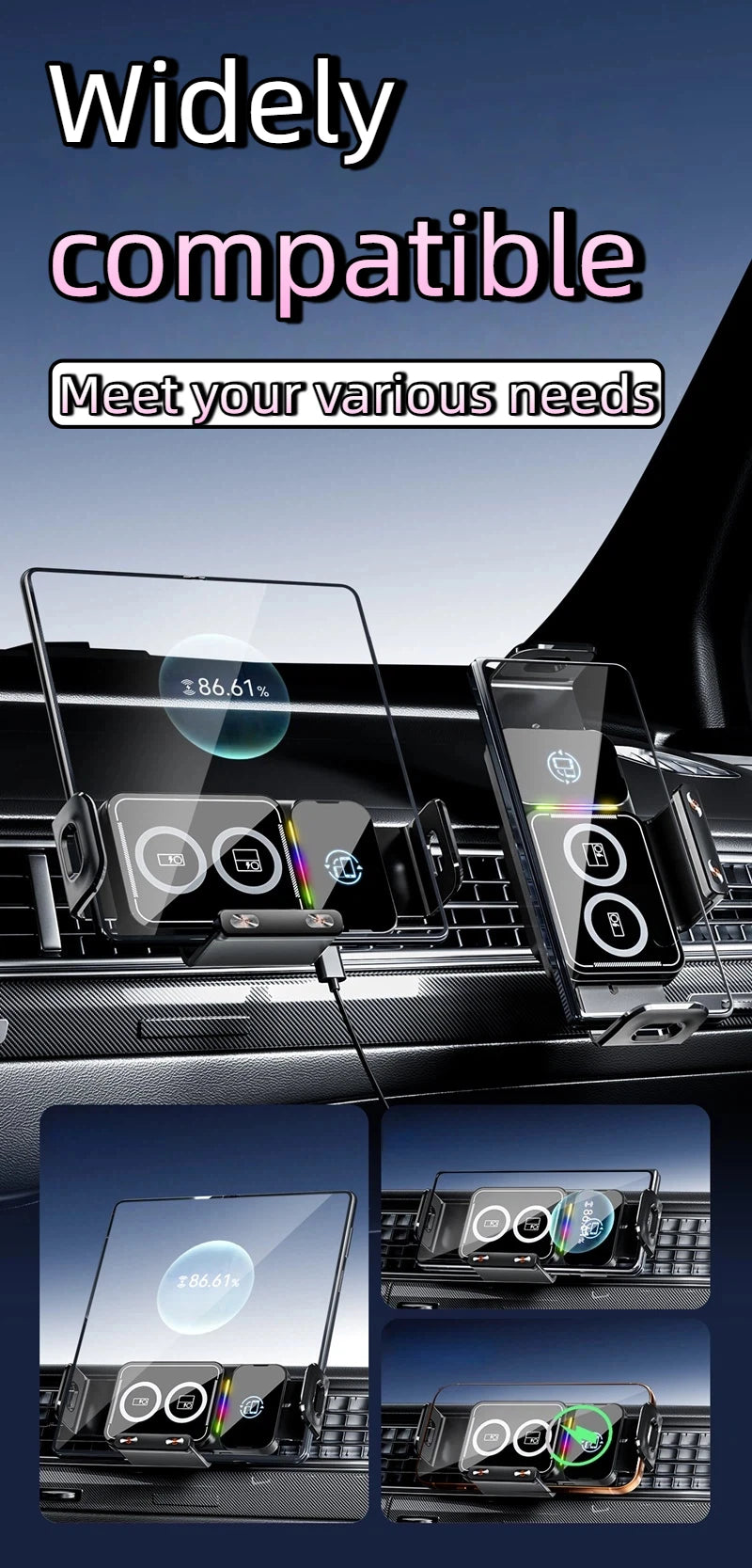 15W Universal Car Phone Wireless Charger & Holder. For Samsung Galaxy & Iphone.