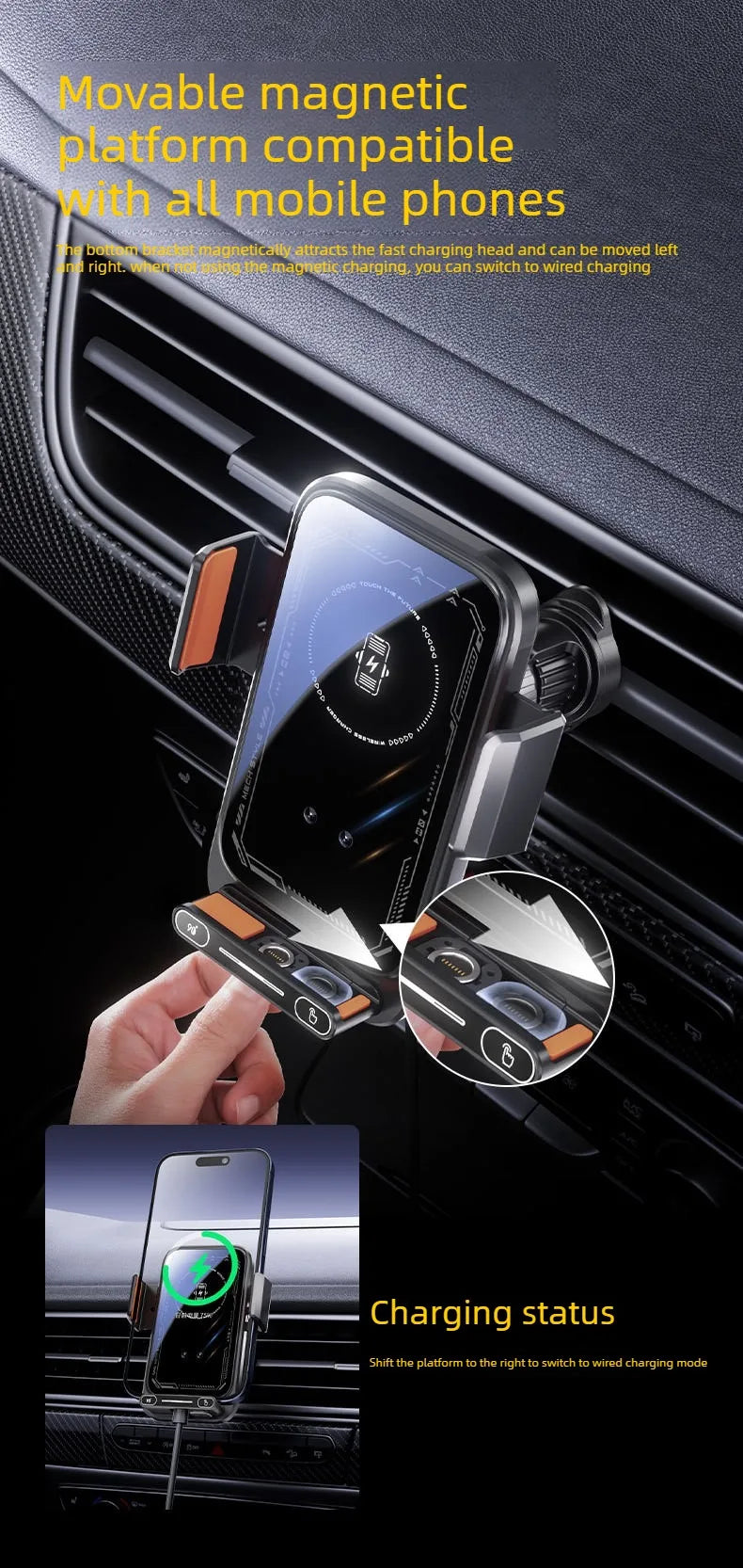 15W Wireless. Car Phone Holder. Auto Sensing One Touch Release.